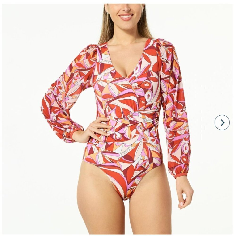 G by Giuliana Jet Set G One-Piece UPF 50 Mesh Sleeve Swimsuit 817-978 NWOT